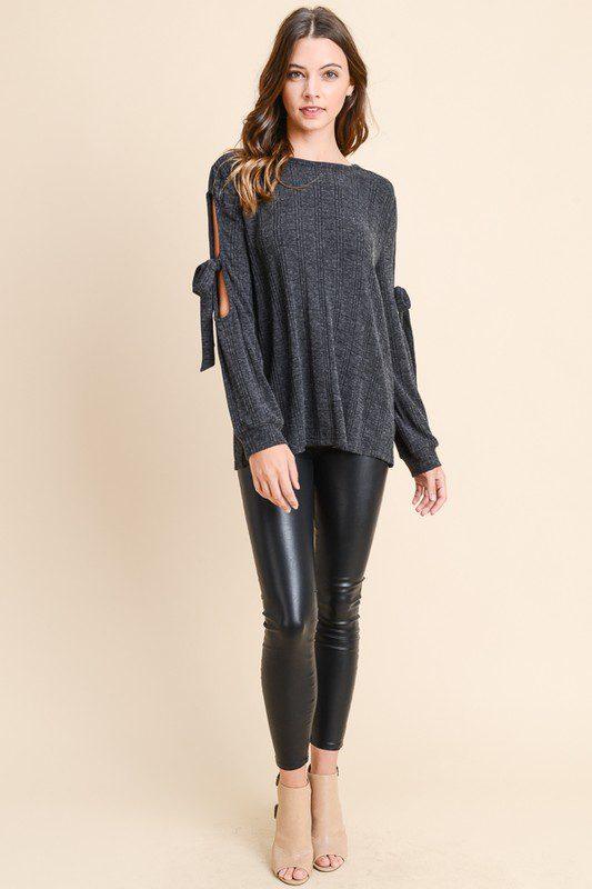 Image: Cut Out Long Sleeve Top with Tie Charcoal | Southern Sassy Boutique