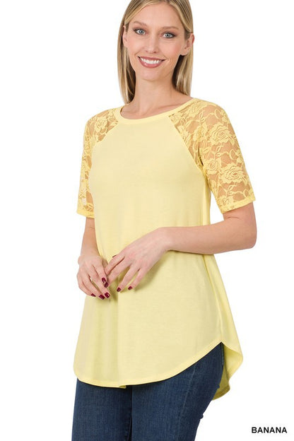 Solid Round Neck Short Sleeve Top With Lace