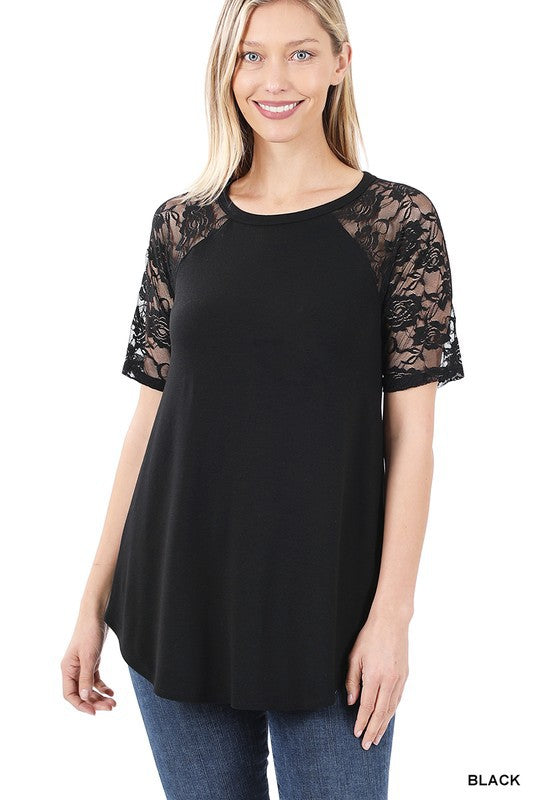 Solid Round Neck Short Sleeve Top With Lace