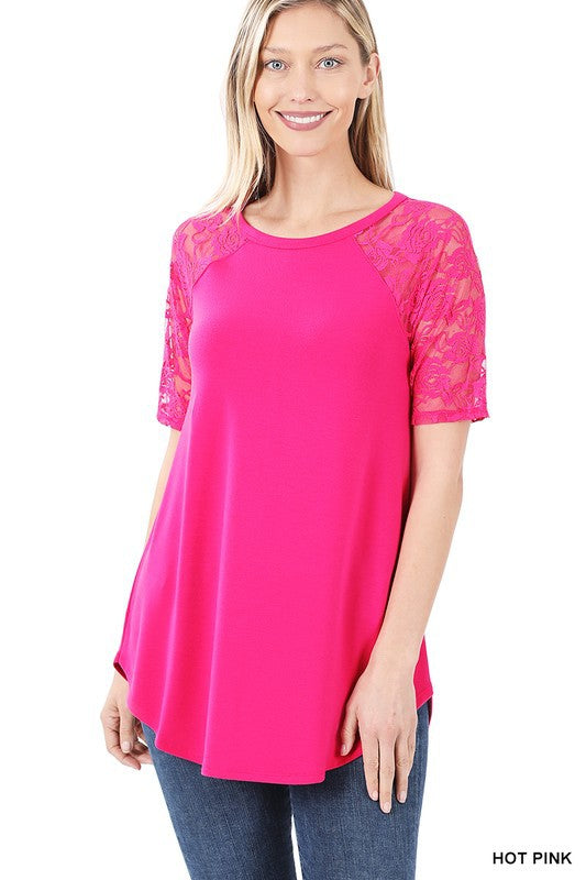 Solid Round Neck Short Sleeve Top With Lace