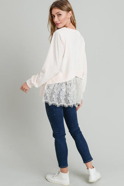 Long Sleeve Soft Ribbed Top with Lace - Southern Sassy Boutique