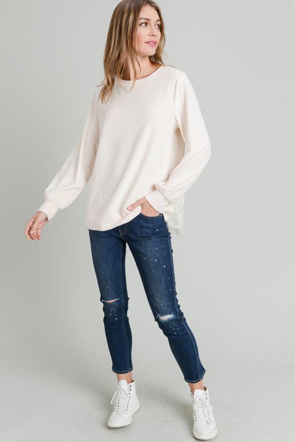 Image: Long Sleeve Soft Ribbed Top with Lace Cream | Southern Sassy Boutique