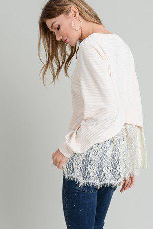 Long Sleeve Soft Ribbed Top with Lace - Southern Sassy Boutique