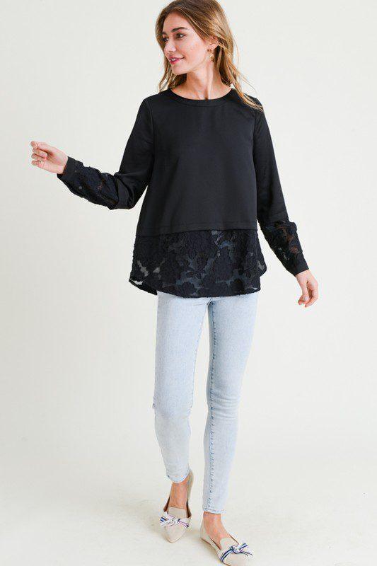 Image: Back Button Down Long Sleeve Lace Top Black | Southern Sassy Boutique