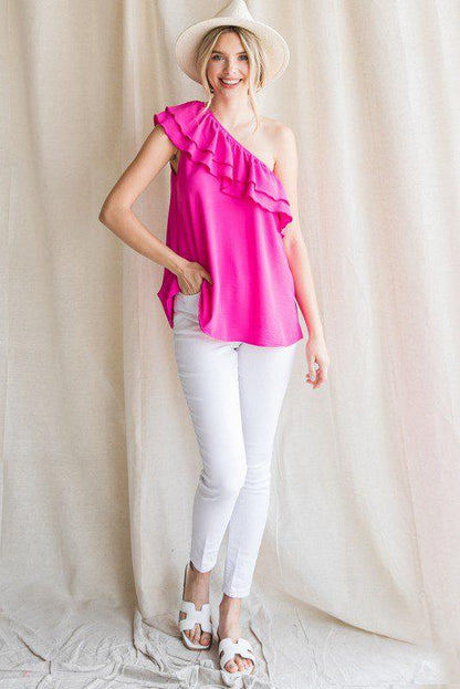 Image: Solid Ruffle One Shoulder Top Pink | Southern Sassy Boutique