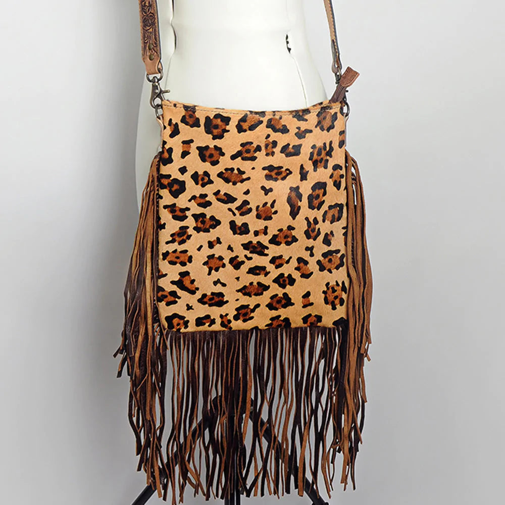 Cheetah with Turquoise Fringe Messenger Bag