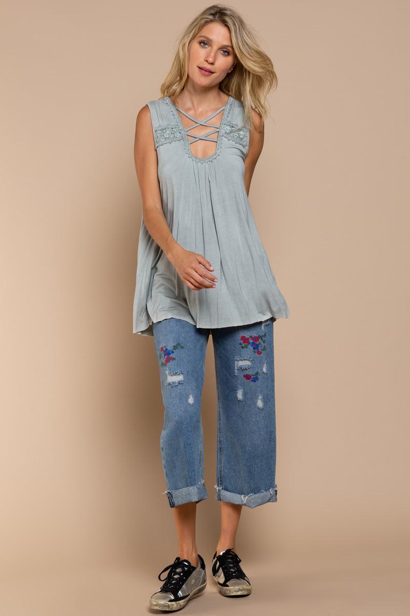 Image: Soft Embroidered Criss Cross Top Dusty Mint | Southern Sassy Boutique