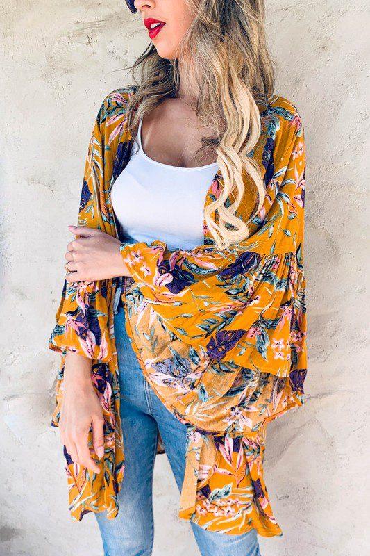 Image: Tropical Printed Bell Sleeve Kimono Cardigan Mustard | Southern Sassy Boutique