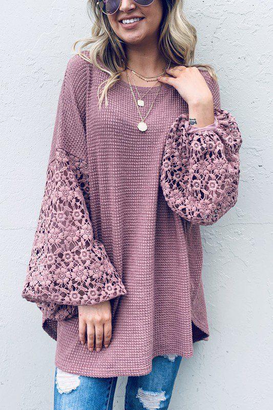 Image: Floral Lace Balloon Long Sleeve Top Mauve | Southern Sassy Boutique