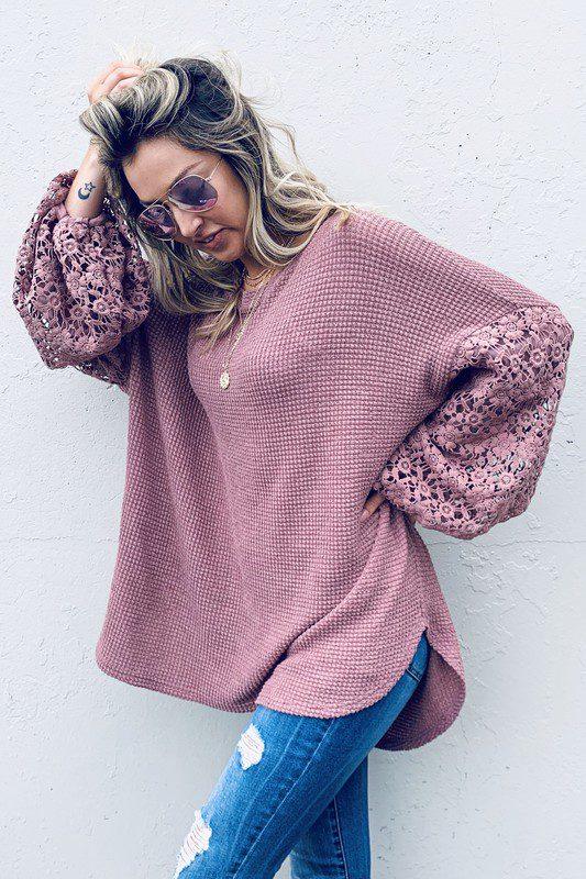 Floral Lace Balloon Long Sleeve Top - Southern Sassy Boutique