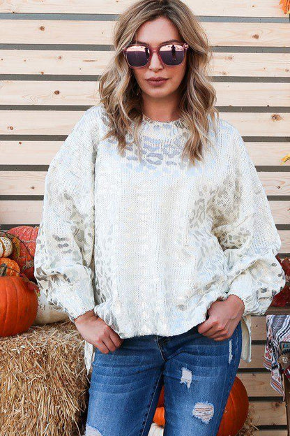 Image: Foil Animal Print Sweater Ivory/Silver | Southern Sassy Boutique