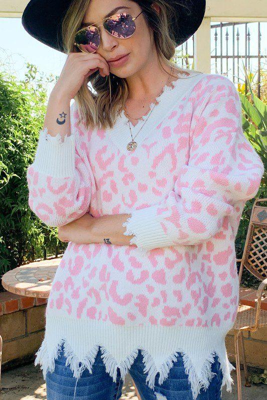 Image: V-neck Animal Print Sweater Pink | Southern Sassy Boutique