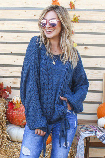 Image: Braided Sweater with Ties Deep Teal | Southern Sassy Boutique