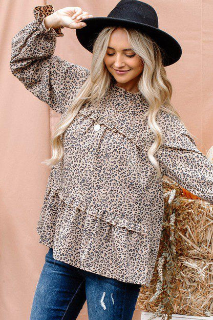 Image: Leopard Print Ruffle Blouse Taupe | Southern Sassy Boutique