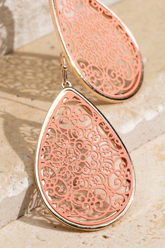 Image: Filigree Tear Drop Earrings Coral | Southern Sassy Boutique