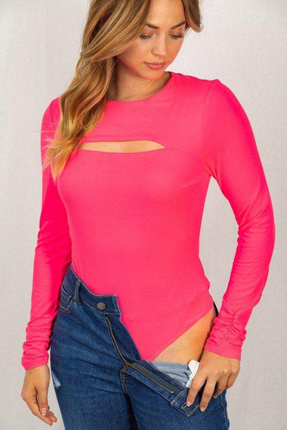 Image: Long Sleeve Bodysuit with Cutout Fuchsia | Southern Sassy Boutique