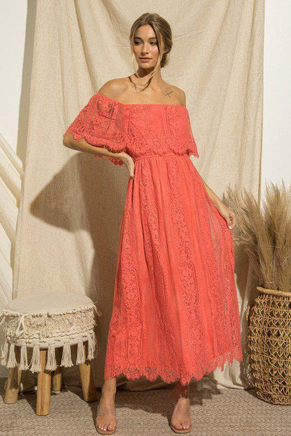 Image: Off Shoulder Maxi Dress Coral | Southern Sassy Boutique