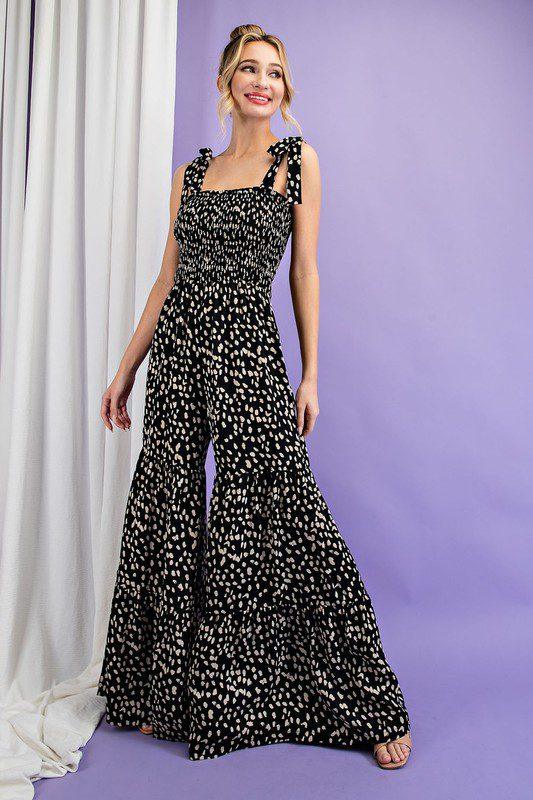 Image: Animal Print Smoked Tiered Jumpsuit Black | Southern Sassy Boutique