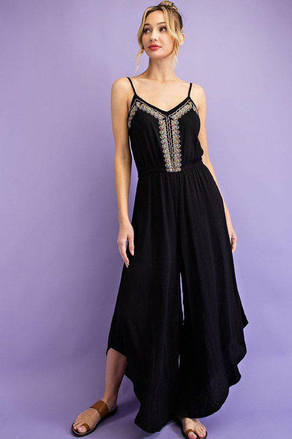 Image: Embroidered V-Neck Jumpsuit Black | Southern Sassy Boutique