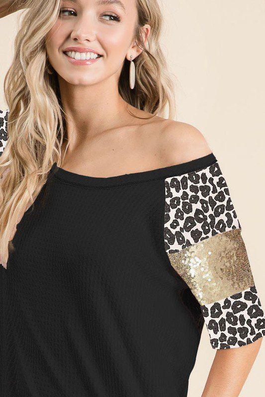 Image: Waffle Knit Leapord Print Top Black | Southern Sassy Boutique