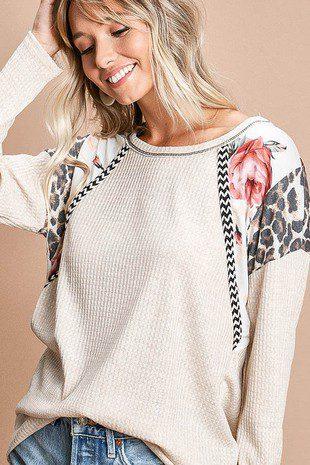 Image: Waffle Knit Animal and Floral Print Top Oatmeal | Southern Sassy Boutique