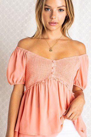Image: Puff Sleeve Cold Shoulder Top Light Coral | Southern Sassy Boutique