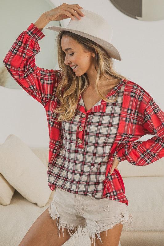 Plaid Check Color Block Buttoned Henley Top - Southern Sassy Boutique