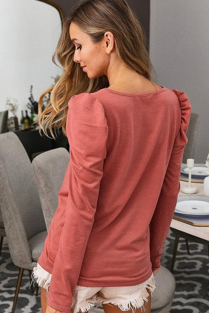 French Terry Puff Sleeve V-Neck Top - Southern Sassy Boutique