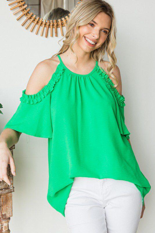 Solid Ruffle Cold Shoulder Top - Southern Sassy Boutique