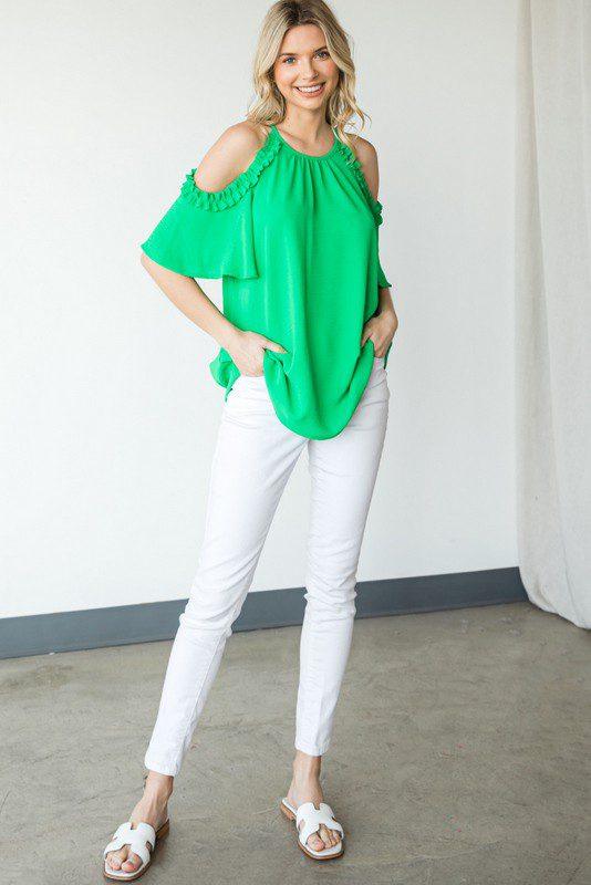 Image: Solid Ruffle Cold Shoulder Top Kelly Green | Southern Sassy Boutique