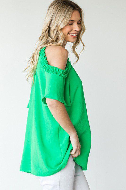 Solid Ruffle Cold Shoulder Top - Southern Sassy Boutique