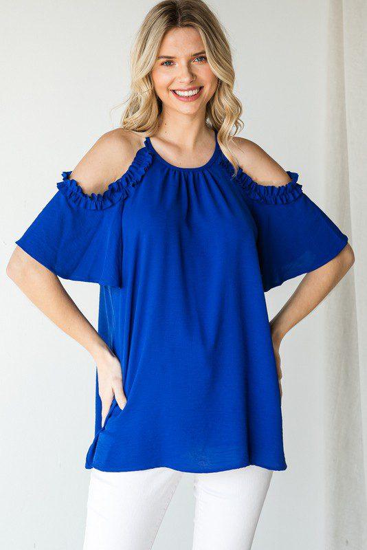 Image: Solid Ruffle Cold Shoulder Top Royal Blue | Southern Sassy Boutique