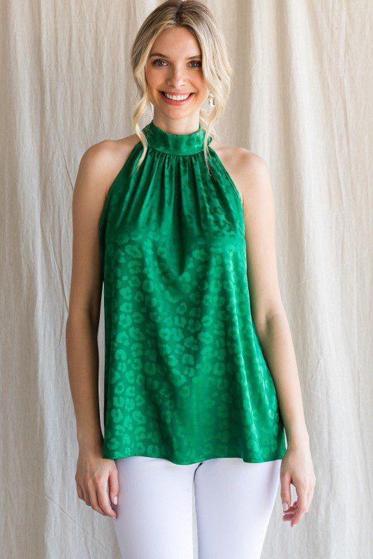 Image: Satin Leopard Print Mock Neck Halter Top Kelly Green | Southern Sassy Boutique