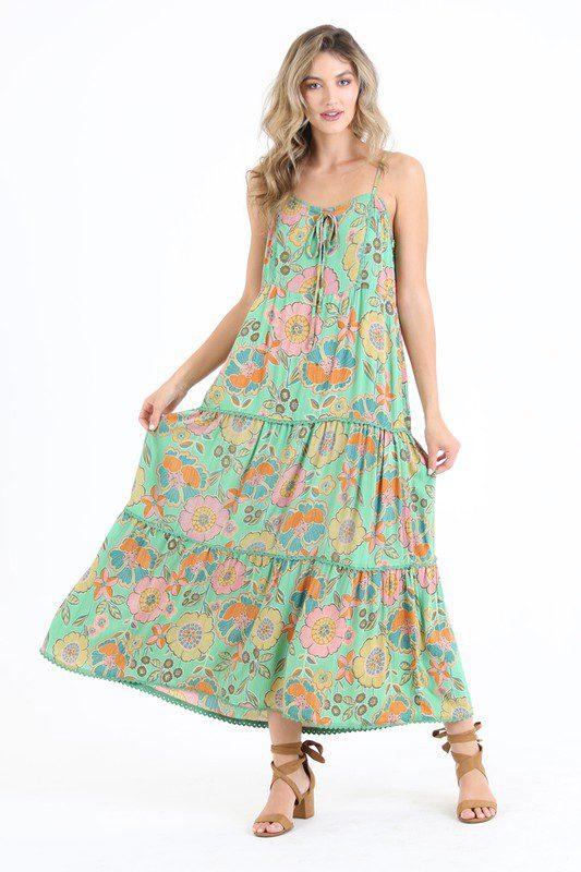 Image: Green Floral Maxi Dress With Adjustable Straps Green | Southern Sassy Boutique