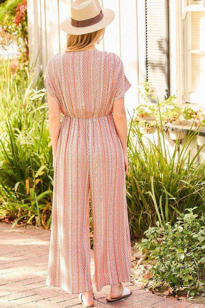 Surplice Open Leg Print Jumpsuit With Tassel - Southern Sassy Boutique