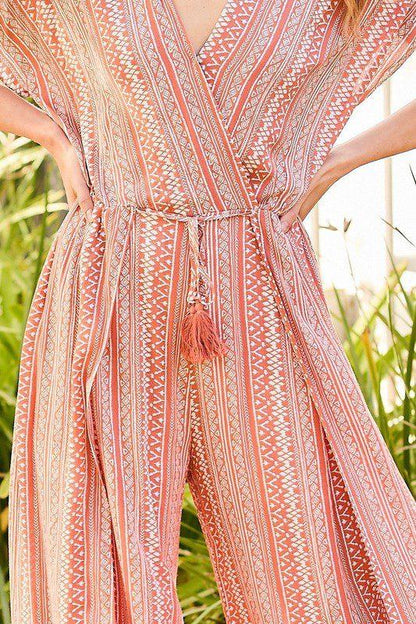 Surplice Open Leg Print Jumpsuit With Tassel - Southern Sassy Boutique