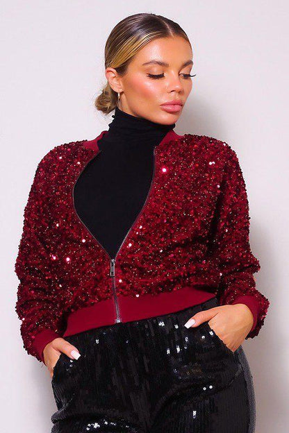 Image: Always Ready Addison Sequin Bomber Jacket Burgundy | Southern Sassy Boutique