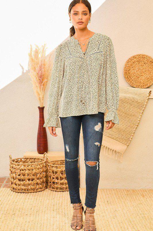 Image: Leopard Bubble Sleeve Blouse Ivory/Tan | Southern Sassy Boutique