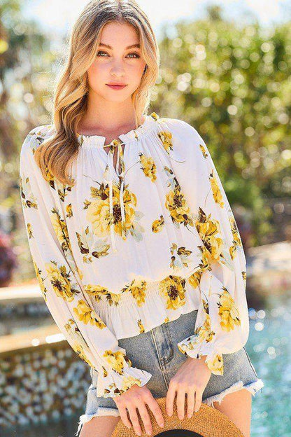 Image: Floral Print Cold Shoulder Top Yellow | Southern Sassy Boutique