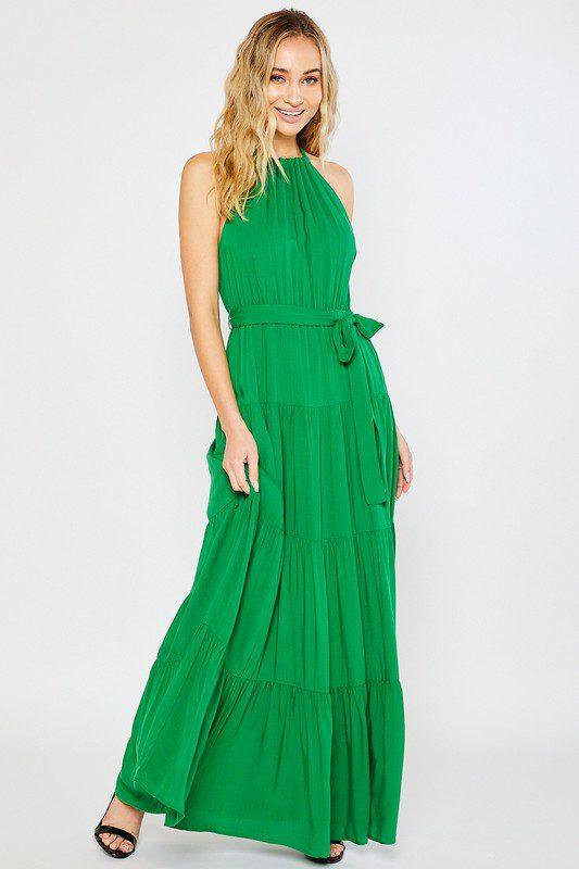 Image: Green Halter Neck Maxi With Self-Tie Adjustable Waist  | Southern Sassy Boutique