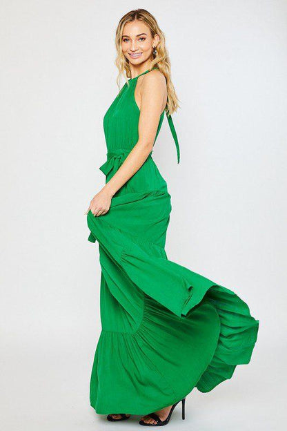 Green Halter Neck Maxi With Self-Tie Adjustable Waist - Southern Sassy Boutique