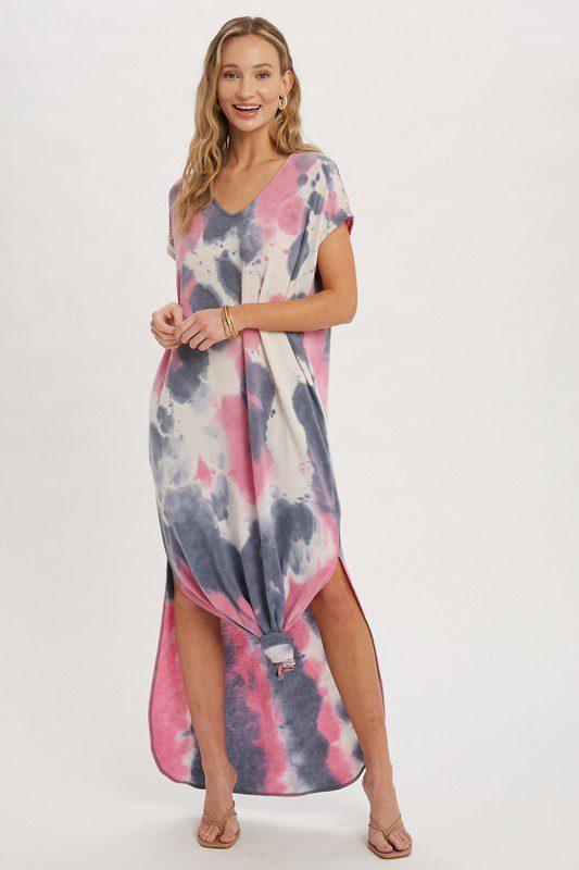 Image: Tie Dye Maxi Jersey Dress Blue Magenta | Southern Sassy Boutique