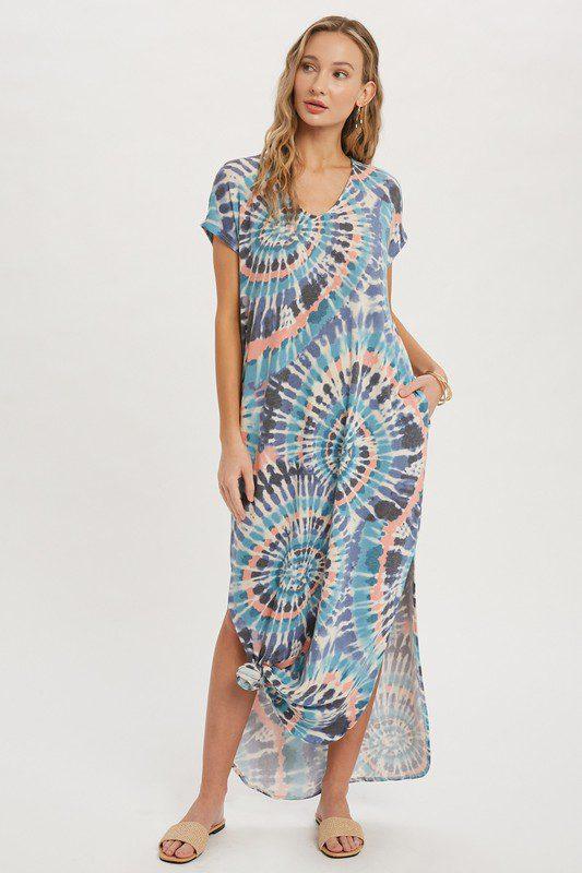 Image: Tie Dye Maxi Jersey Dress Teal Blue | Southern Sassy Boutique