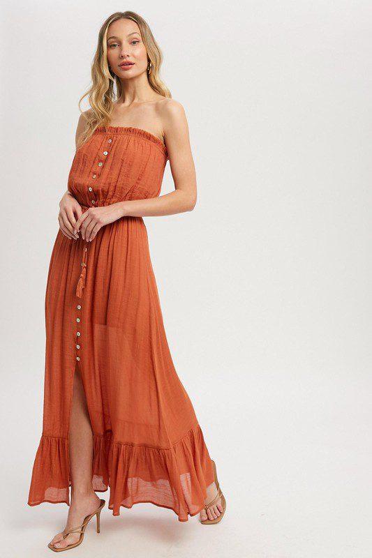 Maxi Dress - Woven Dress Featuring A Tube Neckline - Southern Sassy Boutique