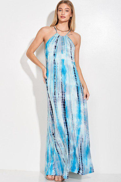 Image: Tie Dye Spaghetti Strap Cami Maxi Dress Navy Teal | Southern Sassy Boutique