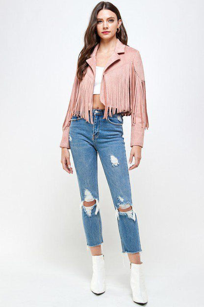 Image: Suede Fringe Jacket Dusty Rose | Southern Sassy Boutique