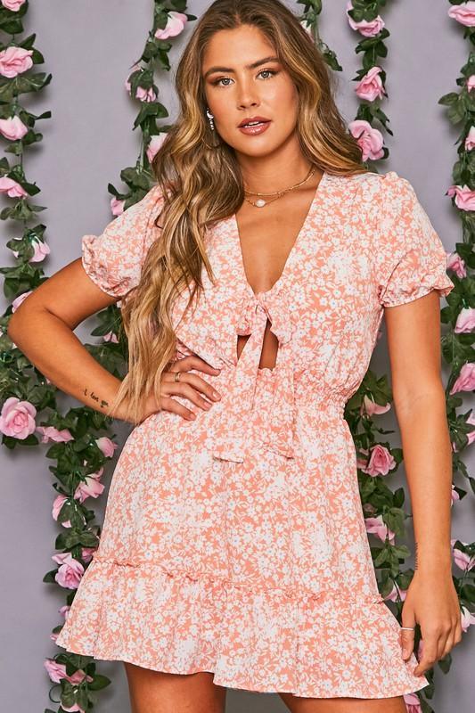 Image: Floral Front Tie Dress Peach/Off White/Blue | Southern Sassy Boutique