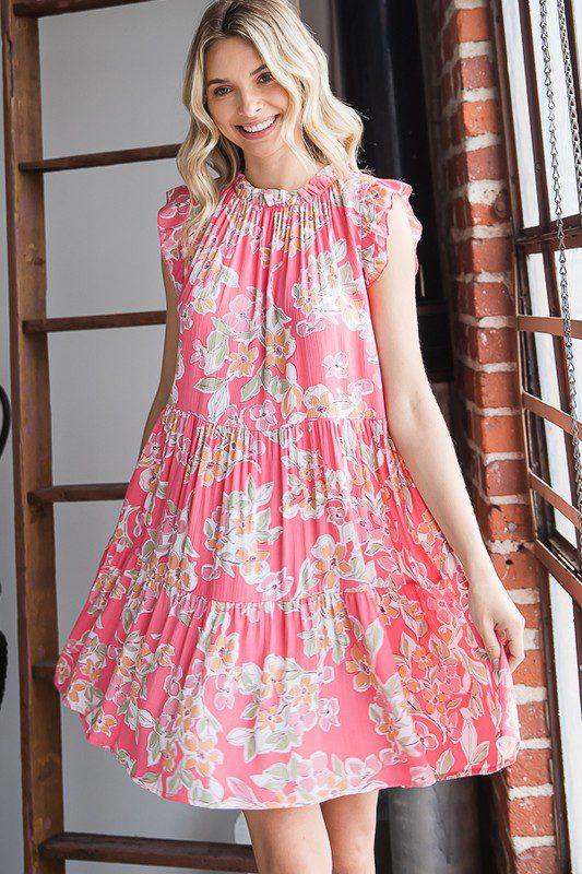 Image: Tiered Detail Floral Dress Coral | Southern Sassy Boutique