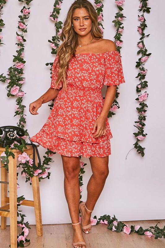 Image: Square Neck Floral Dress Coral/Blush | Southern Sassy Boutique