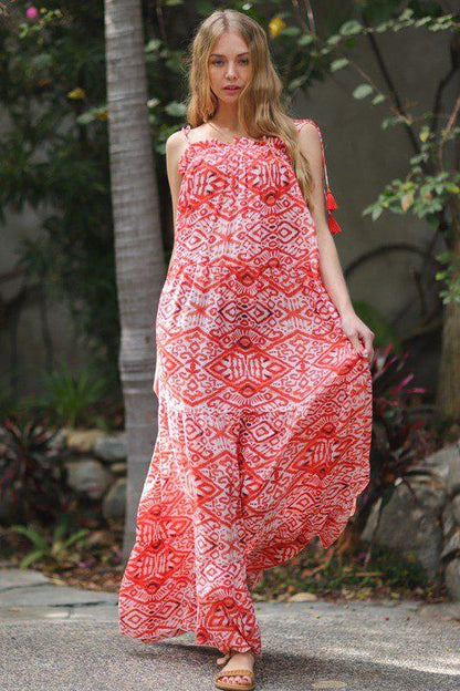 Image: Shoulder Tie Print Maxi Dress Rust | Southern Sassy Boutique